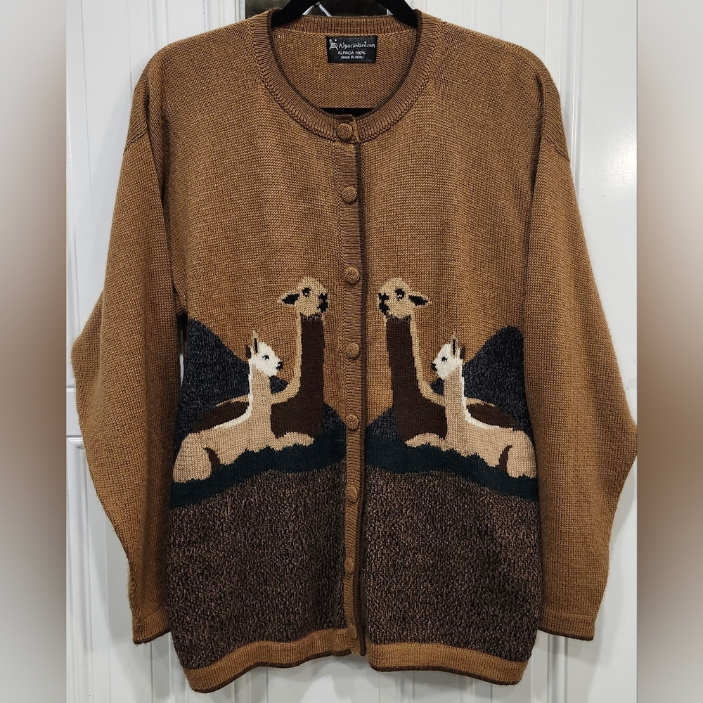 100% Alpaca brown cardigan mommy & baby alpacas can fit women's size L/XL